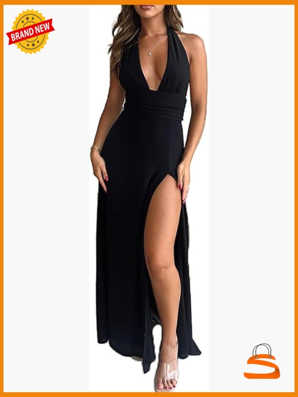 Sleeveless Halter Deep V Neck Maxi Dress Side Split